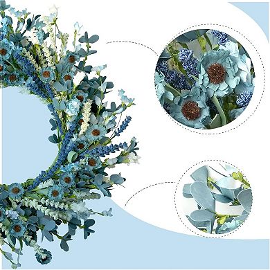 Spring Blue Daisy Wreath 22 Inch with Green Leaves