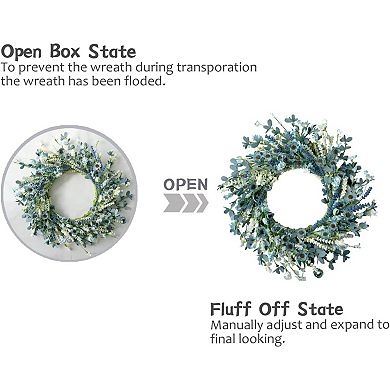 Spring Blue Daisy Wreath 22 Inch with Green Leaves