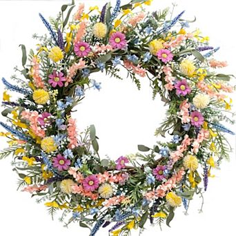 Colorful Flower Wreath with Forsythia Lavender for Front Door
