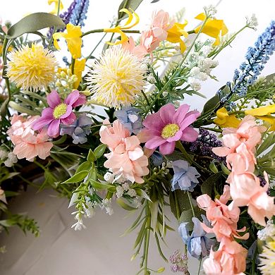 Colorful Flower Wreath with Forsythia Lavender for Front Door