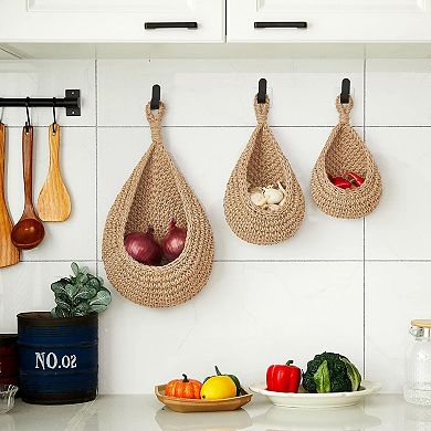 Boho Hanging Wall Baskets Set of 3 for Kitchen with Hooks