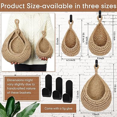 Boho Hanging Wall Baskets Set of 3 for Kitchen with Hooks
