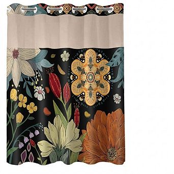 Black Boho Floral Shower Curtain Set, Snap-In Liner, Modern Botanical Design, Hotel Style