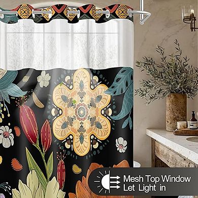 Black Boho Floral Shower Curtain Set, Snap-In Liner, Modern Botanical Design, Hotel Style