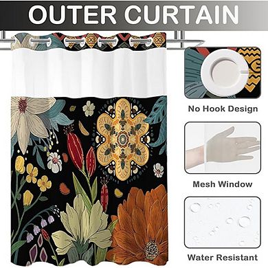 Black Boho Floral Shower Curtain Set, Snap-In Liner, Modern Botanical Design, Hotel Style