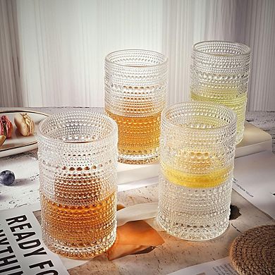 4pc Highball Glass Set, Embossed Glasses for Water, Cocktails & Whiskey