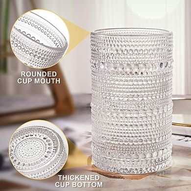 4pc Highball Glass Set, Embossed Glasses for Water, Cocktails & Whiskey