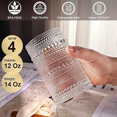 4pc Highball Glass Set, Embossed Glasses for Water, Cocktails & Whiskey
