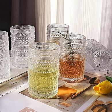 4pc Highball Glass Set, Embossed Glasses for Water, Cocktails & Whiskey