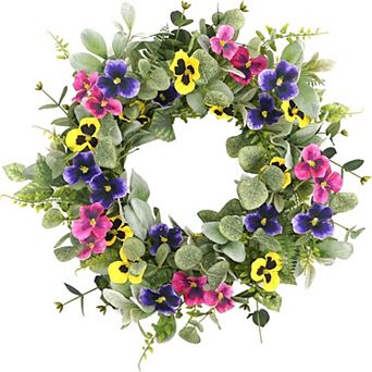 Spring Summer Wreath with Pansy and Flocked Lamb Ear Leaves