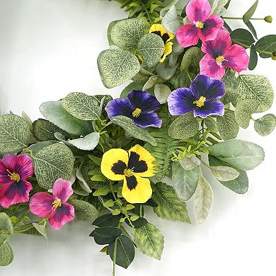 Spring Summer Wreath with Pansy and Flocked Lamb Ear Leaves