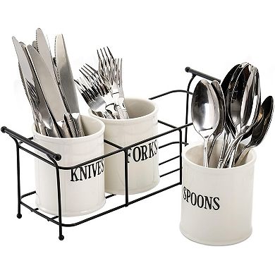 Ceramic Silverware Caddy 3 Piece with Metal Rack