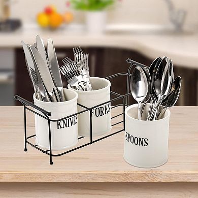 Ceramic Silverware Caddy 3 Piece with Metal Rack