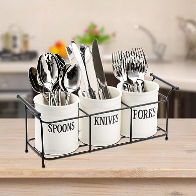 Ceramic Silverware Caddy 3 Piece with Metal Rack