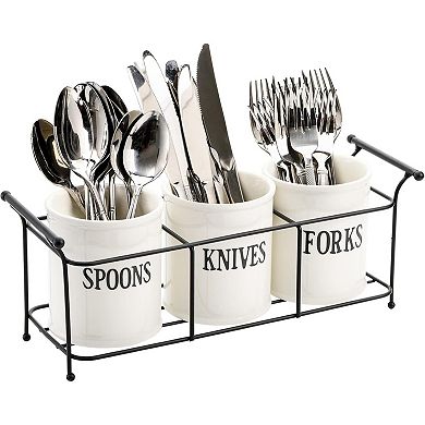 Ceramic Silverware Caddy 3 Piece with Metal Rack