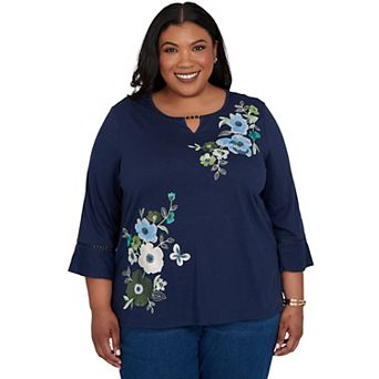 Plus Size Alfred Dunner Indigo Girls Asymmetric Sequin Flowers Knit Top