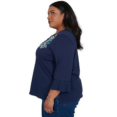 Plus Size Alfred Dunner Indigo Girls Asymmetric Sequin Flowers Knit Top