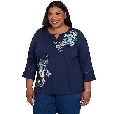 Plus Size Alfred Dunner Indigo Girls Asymmetric Sequin Flowers Knit Top