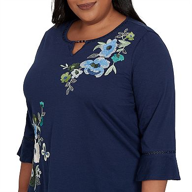 Plus Size Alfred Dunner Indigo Girls Asymmetric Sequin Flowers Knit Top