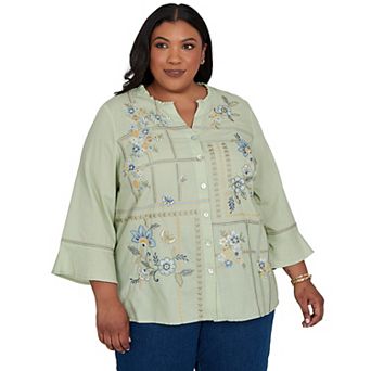 Plus Size Alfred Dunner Indigo Girls Floral Embroidered Squares Button Front Top