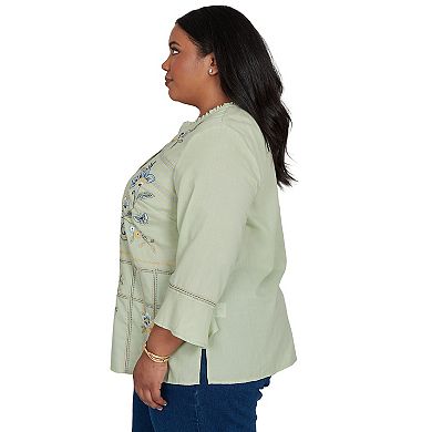 Plus Size Alfred Dunner Indigo Girls Floral Embroidered Squares Button Front Top