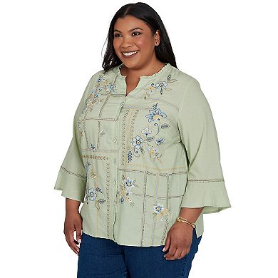 Plus Size Alfred Dunner Indigo Girls Floral Embroidered Squares Button Front Top