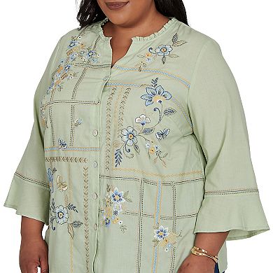 Plus Size Alfred Dunner Indigo Girls Floral Embroidered Squares Button Front Top