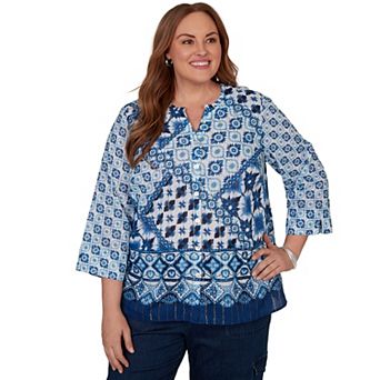 Plus Size Alfred Dunner Indigo Girls Ikat Tie-dye Patchwork Henley Top