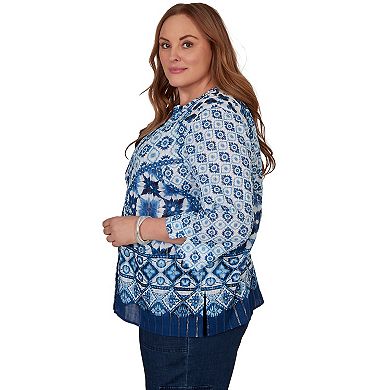 Plus Size Alfred Dunner Indigo Girls Ikat Tie-dye Patchwork Henley Top