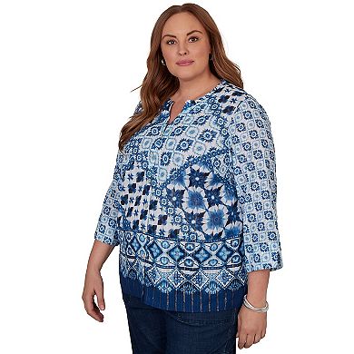 Plus Size Alfred Dunner Indigo Girls Ikat Tie-dye Patchwork Henley Top