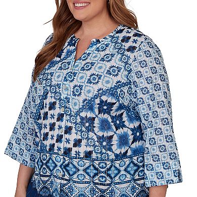 Plus Size Alfred Dunner Indigo Girls Ikat Tie-dye Patchwork Henley Top