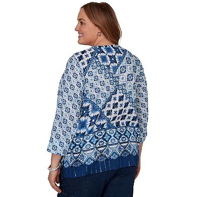 Plus Size Alfred Dunner Indigo Girls Ikat Tie-dye Patchwork Henley Top