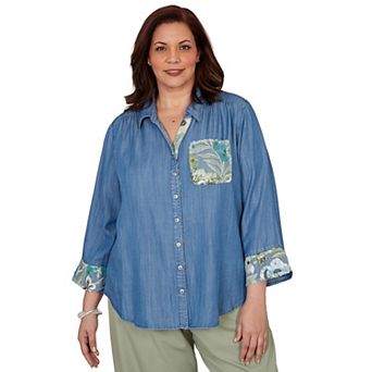 Plus Size Alfred Dunner Indigo Girls Soft Denim Sequined Button Front Top