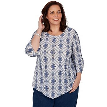 Plus Size Alfred Dunner Indigo Girls Diamond Textured Top with Necklace