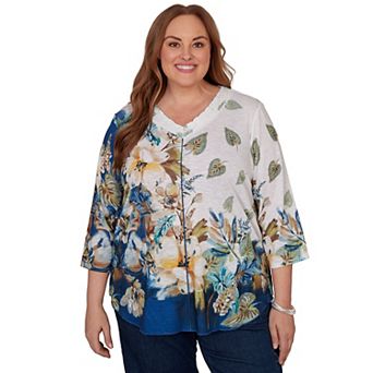 Plus Size Alfred Dunner Indigo Girls Placed Texture Floral Knit Top