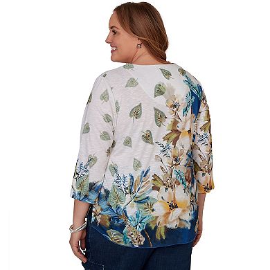 Plus Size Alfred Dunner Indigo Girls Placed Texture Floral Knit Top