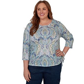 Plus Size Alfred Dunner Indigo Girls Medallion Print Braided Neck Top
