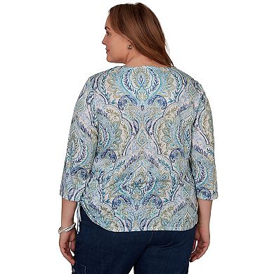 Plus Size Alfred Dunner Indigo Girls Medallion Print Braided Neck Top