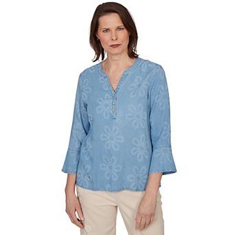 Petite Alfred Dunner Tonal Embroidered Soft Henley Top