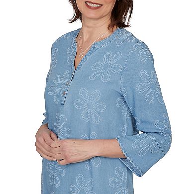 Petite Alfred Dunner Tonal Embroidered Soft Henley Top