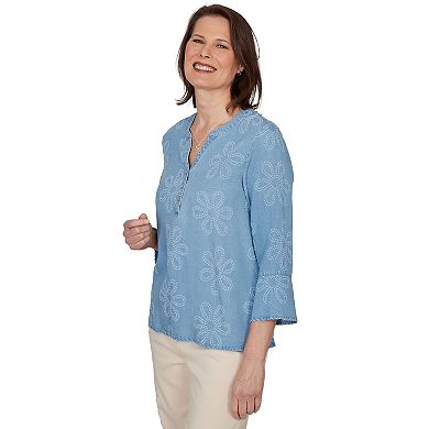 Petite Alfred Dunner Tonal Embroidered Soft Henley Top