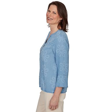 Petite Alfred Dunner Tonal Embroidered Soft Henley Top