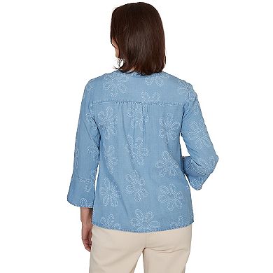 Petite Alfred Dunner Tonal Embroidered Soft Henley Top