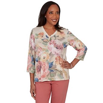 Petite Alfred Dunner Bold Roses V-Neck Knit Top