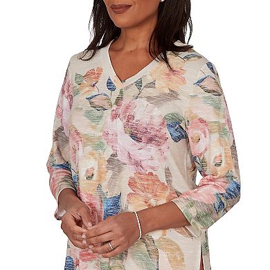 Petite Alfred Dunner Bold Roses V-Neck Knit Top