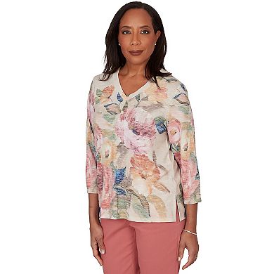 Petite Alfred Dunner Bold Roses V-Neck Knit Top