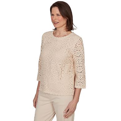 Petite Alfred Dunner Floral Crochet Lined Knit Top