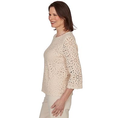 Petite Alfred Dunner Floral Crochet Lined Knit Top