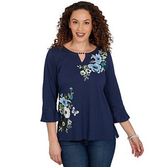 Petite Alfred Dunner Indigo Girls Asymmetric Sequin Flowers Knit Top