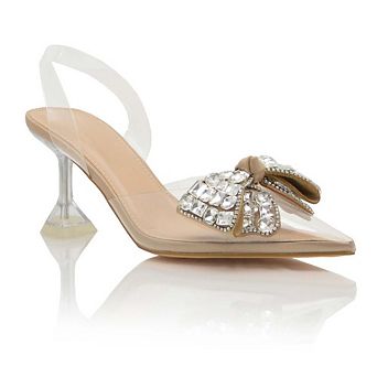 CHARLIE Clear Strap Rhinestone Bow Accent Slingback Heeled Sandals